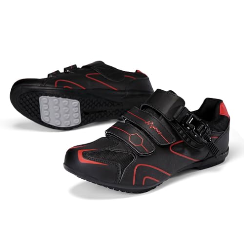 Treer Rennradschuhe Herren Damen 36-47EU Gummisohle (Ohne Cleats) Rennrad Schuhe Fahrradschuhe Schuh Mountain Bikes Schuhe Kompatibel Outdoor Radschuhe Fahrrad (Schwarz-Rot,46) von Treer