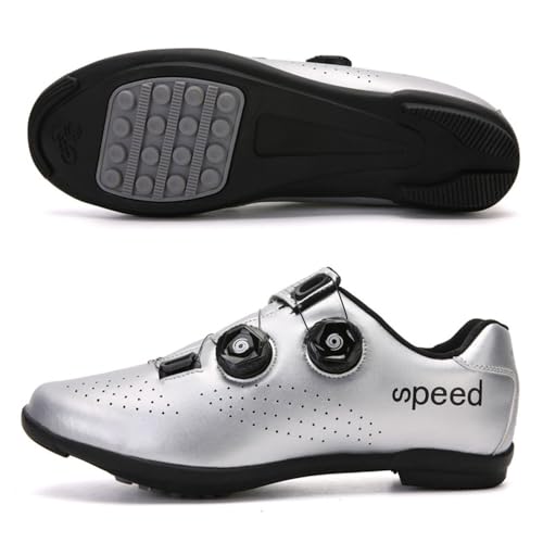 Treer Rennradschuhe Mountain Bikes Schuhe Herren Damen, Gummisohle Rennrad Schuhe Ohne Klampe Fahrradschuhe Schuh Kompatibel Outdoor Radschuhe Fahrrad (Silber,40) von Treer