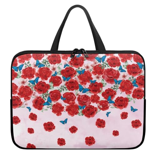 Treer Rosen-Blumendruck Laptoptasche, Handtasche Damen Herren, Laptop Tasche mit Reißverschluss, Wasserdichte Laptop Rucksack,Notebook Tasche für Reisen/Business/Schule (Rose,10 Zoll) von Treer