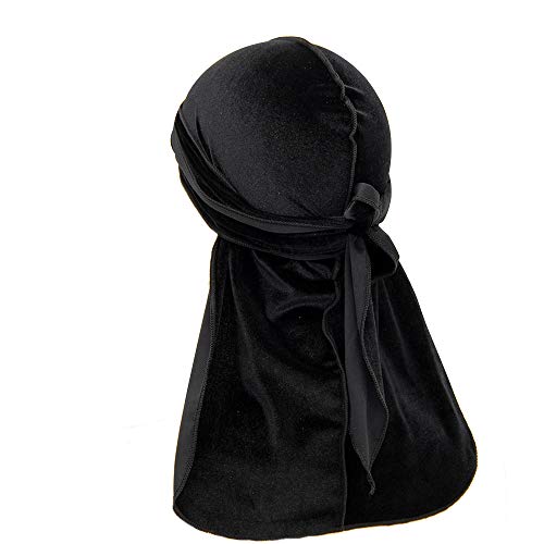 Treer Samt Kopftuch Unisex,Durag mit Long Tail,Piratenkappe Herren/Damen Stirnband Sport Kopfbedeckung,Hip Hop Bandana Fahrrad Motorrad Headwraps (100cm,Schwarz) von Treer