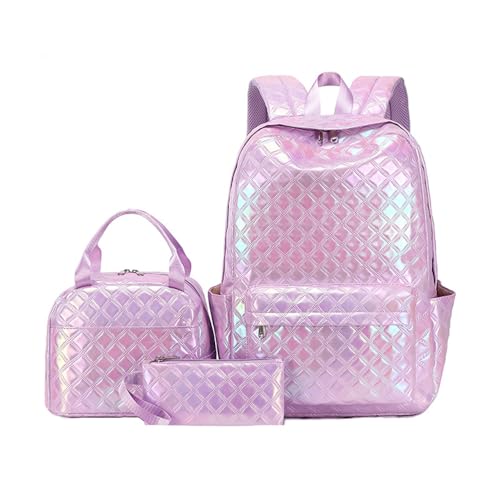 Treer Schulrucksack Set 3tlg, Wasserdicht Schulrucksack Teenager mit Lunchpaket Tasche und Federmäppchen, Mädchen & Jungen Schulrucksack Gradient Schulranzen Rucksack Schule (Lila Plaid) von Treer