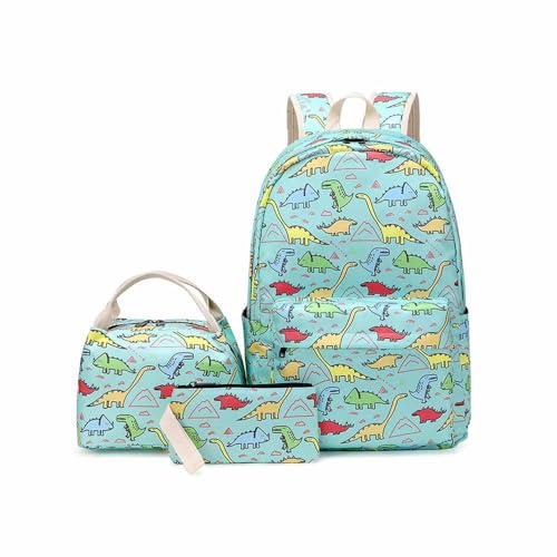 Treer Schulrucksack Set 3tlg Schulrucksack Teenager mit Lunchpaket Tasche und Federmäppchen, Mädchen & Jungen Schulrucksack Dinosaurier-Druck Schulranzen Rucksack Schule (hellgrün) von Treer
