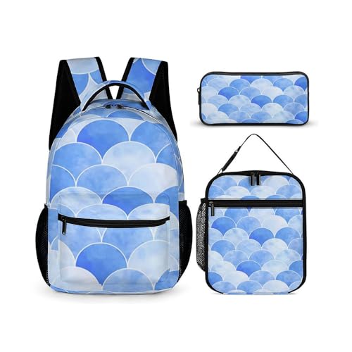 Treer Schulrucksack Set 3tlg Schulrucksack Teenager mit Lunchpaket Tasche und Federmäppchen, Mädchen & Jungen Schulrucksack Schulranzen Rucksack Schule, Batikfärbung (Nebelblau,3-teiliges Set) von Treer