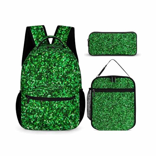 Treer Schulrucksack Set 3tlg Schulrucksack Teenager mit Lunchpaket Tasche und Federmäppchen, Mädchen & Jungen Schulrucksack Schulranzen Rucksack Schule, Funkelnder Druck (Grün,3-teiliges Set) von Treer