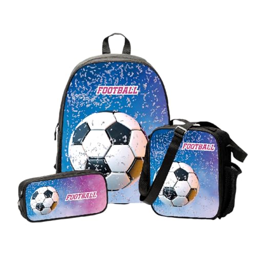 Treer Schulrucksack Set 3tlg. Schulrucksack Teenager mit Lunchpaket Tasche und Federmäppchen, Mädchen & Jungen Schulrucksack 3D-Fußball Wasserdicht Schulranzen (G,One Size) von Treer