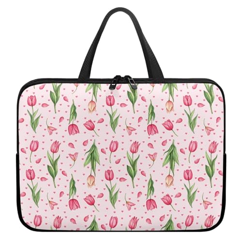 Treer Tulpen-Blumendruck Laptoptasche, Handtasche Damen Herren, Laptop Tasche mit Reißverschluss, Wasserdichte Laptop Rucksack,Notebook Tasche für Reisen/Business/Schule (Rosa,15 Zoll) von Treer