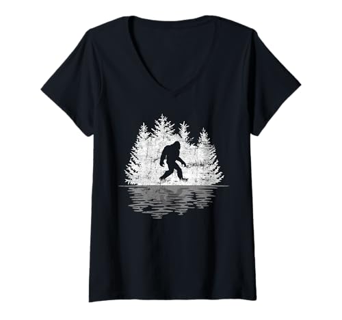 Damen Kiefer Wald Bigfoot Reflexion Wildlife Natur Outdoor T-Shirt mit V-Ausschnitt von Trees Reflection Bigfoot Forest Nature lover Funny