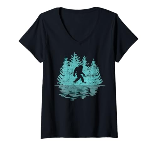 Damen Kiefer Wald Bigfoot Reflexion Wildlife Natur Outdoor T-Shirt mit V-Ausschnitt von Trees Reflection Bigfoot Forest Nature lover Funny