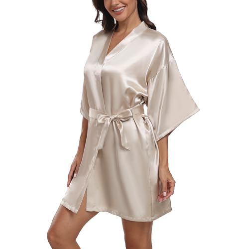 Trek Forte Damen Satin Robe Kimono Morgenmantel Kurzer Bademantel Braut Brautjungfern Nachtwäsche Sommer Mit Gürtel V-Ausschnitt von Trek Forte