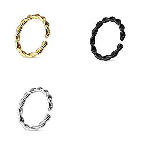 Trend Agent TWISTED Continuous Ring | Seamless Ring | O-Ring | 3er SET | gedreht| NASENRING PIERCING | zum biegen | EDELSTAHL Ring | 0.8 x 10 mm | Gold | Schwarz | Silber | von Trend Agent