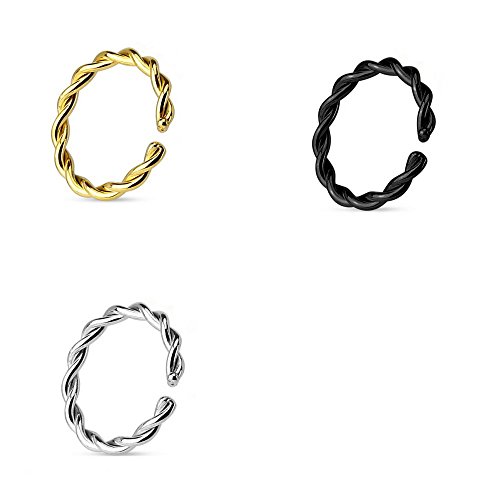 Trend Agent Twisted Continuous Ring | Seamless Ring | O-Ring | 3er Set | gedreht| NASENRING Piercing | zum biegen | Edelstahl Ring | 0.8 x 10 mm | Gold | Schwarz | Silber | von Trend Agent