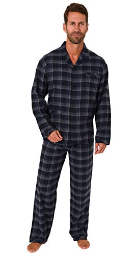 Herren Flanell Pyjama Schlafanzug Langarm zum durchknöpfen - 291 101 15 536, Farbe:Marine, Größe:48 von Trend by Normann