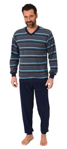 Trend by Normann Herren Frottee Pyjama mit V-Ausschnitt, Langarm, Ringel-Optik, Uni Hose, Blau, 72501, Gr. 52 von Trend by Normann