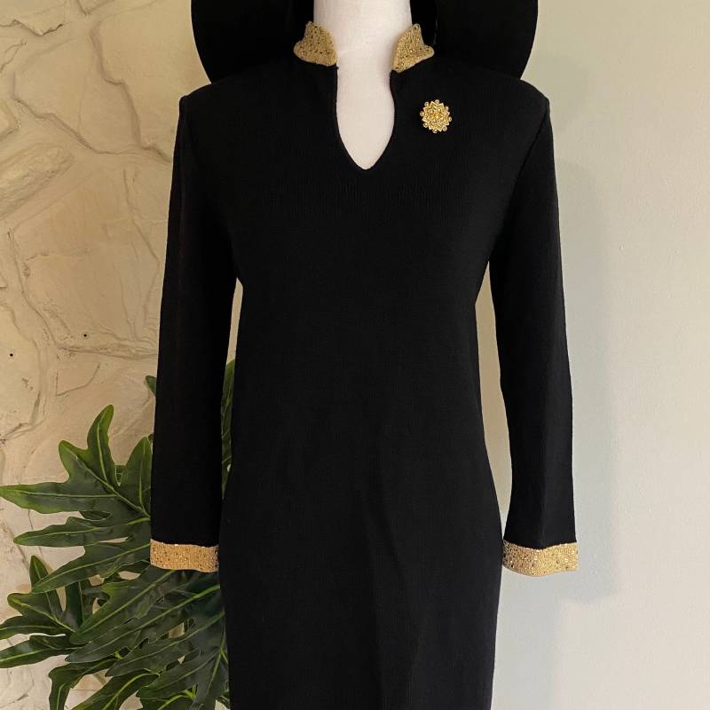 Vintage St. John Marie Grau Schwarz Wolle Strickkleid - Gold Deco Größe 4 von TrendRevival