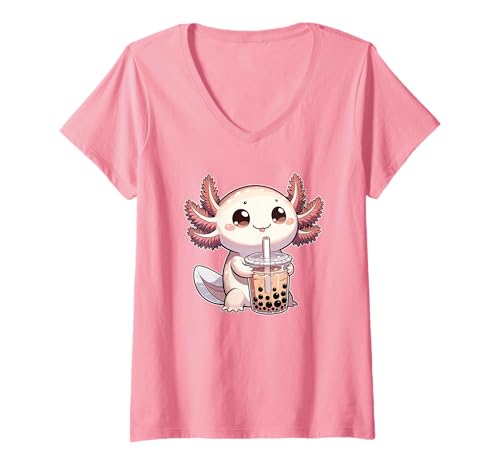 Damen Axolotls Trinken Bubble Tea Kawaii Boba Axolotl T-Shirt mit V-Ausschnitt Damen Axolotls Trinken Bubble Tea Kawaii Boba Axolotl T-Shirt mit V-Ausschnitt von Trendgetränk Bubble Tea mit süßen Tiere