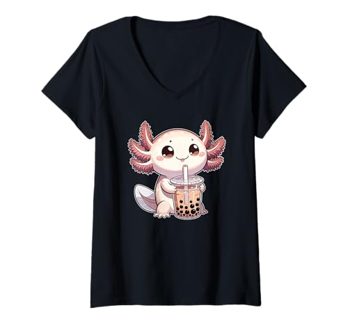 Damen Axolotls Trinken Bubble Tea Kawaii Boba Axolotl T-Shirt mit V-Ausschnitt Damen Axolotls Trinken Bubble Tea Kawaii Boba Axolotl T-Shirt mit V-Ausschnitt von Trendgetränk Bubble Tea mit süßen Tiere