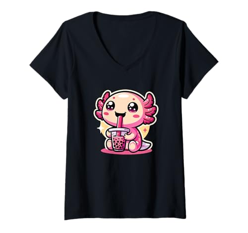 Damen Axolotls Trinken Bubble Tea Kawaii Boba Axolotl T-Shirt mit V-Ausschnitt Damen Axolotls Trinken Bubble Tea Kawaii Boba Axolotl T-Shirt mit V-Ausschnitt von Trendgetränk Bubble Tea mit süßen Tiere