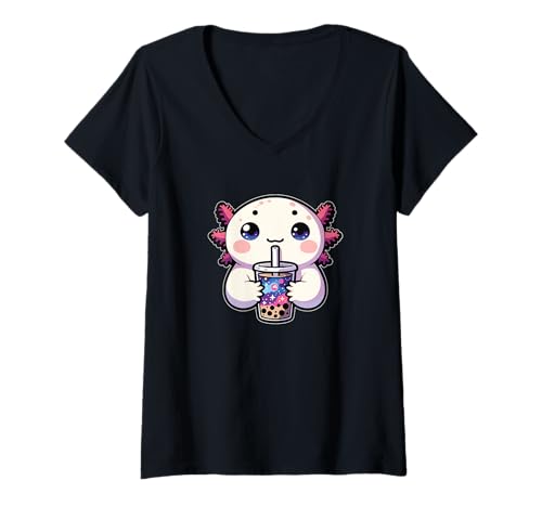 Damen Axolotls Trinken Bubble Tea Kawaii Galaxy Boba Axolotl T-Shirt mit V-Ausschnitt Damen Axolotls Trinken Bubble Tea Kawaii Galaxy Boba Axolotl T-Shirt mit V-Ausschnitt von Trendgetränk Bubble Tea mit süßen Tiere