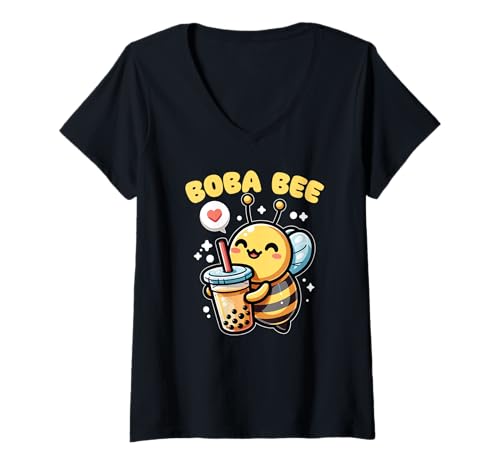 Damen Boba Bee Bubble Tea Wortspiel Kawaii Biene T-Shirt mit V-Ausschnitt von Trendgetränk Bubble Tea mit süßen Tiere
