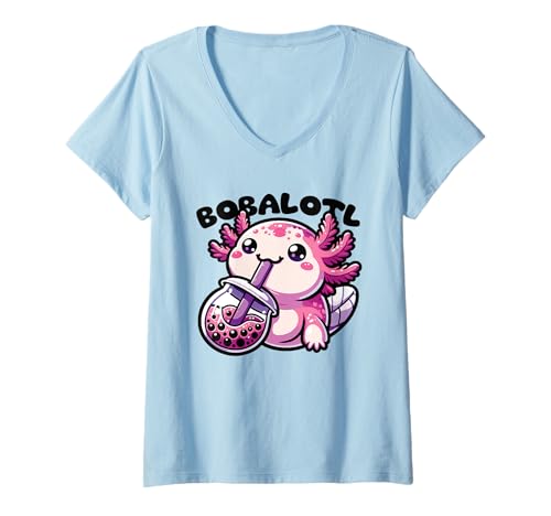 Damen Bobalotl Bubble Tea Wortspiel Kawaii Axolotl T-Shirt mit V-Ausschnitt von Trendgetränk Bubble Tea mit süßen Tiere