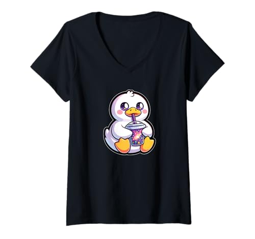 Damen Enten Trinken Bubble Tea Kawaii Galaxy Boba Ente T-Shirt mit V-Ausschnitt Damen Enten Trinken Bubble Tea Kawaii Galaxy Boba Ente T-Shirt mit V-Ausschnitt von Trendgetränk Bubble Tea mit süßen Tiere