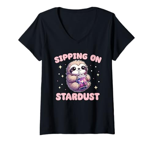 Damen Faultiere Trinken Bubble Tea Kawaii Galaxy Boba Faultier T-Shirt mit V-Ausschnitt von Trendgetränk Bubble Tea mit süßen Tiere