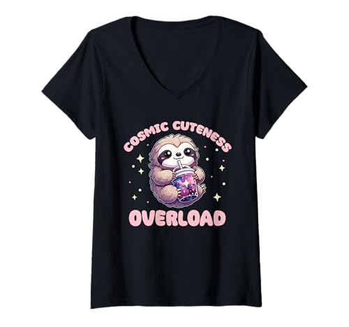 Damen Faultiere Trinken Bubble Tea Kawaii Galaxy Boba Faultier T-Shirt mit V-Ausschnitt von Trendgetränk Bubble Tea mit süßen Tiere