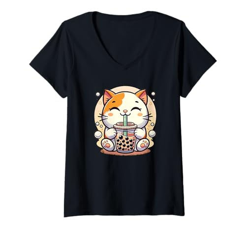 Damen Katzen Trinken Bubble Tea Kawaii Boba Katze T-Shirt mit V-Ausschnitt Damen Katzen Trinken Bubble Tea Kawaii Boba Katze T-Shirt mit V-Ausschnitt von Trendgetränk Bubble Tea mit süßen Tiere