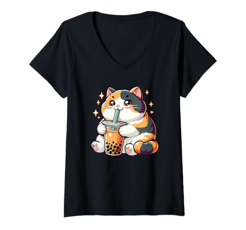 Damen Katzen Trinken Bubble Tea Kawaii Boba Katze T-Shirt mit V-Ausschnitt Damen Katzen Trinken Bubble Tea Kawaii Boba Katze T-Shirt mit V-Ausschnitt von Trendgetränk Bubble Tea mit süßen Tiere