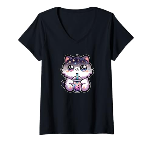 Damen Katzen Trinken Bubble Tea Kawaii Galaxy Boba Katze T-Shirt mit V-Ausschnitt Damen Katzen Trinken Bubble Tea Kawaii Galaxy Boba Katze T-Shirt mit V-Ausschnitt von Trendgetränk Bubble Tea mit süßen Tiere