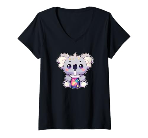 Damen Koalas Trinken Bubble Tea Kawaii Galaxy Boba Koala T-Shirt mit V-Ausschnitt von Trendgetränk Bubble Tea mit süßen Tiere