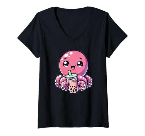 Damen Kraken Trinken Bubble Tea Kawaii Boba Oktopus T-Shirt mit V-Ausschnitt Damen Kraken Trinken Bubble Tea Kawaii Boba Oktopus T-Shirt mit V-Ausschnitt von Trendgetränk Bubble Tea mit süßen Tiere