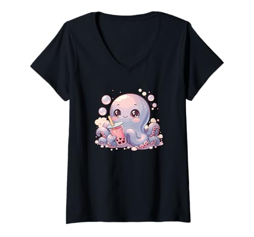 Damen Kraken Trinken Bubble Tea Kawaii Boba Oktopus T-Shirt mit V-Ausschnitt von Trendgetränk Bubble Tea mit süßen Tiere