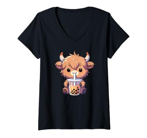 Damen Kühe Trinken Bubble Tea Kawaii Boba Hochlandrind T-Shirt mit V-Ausschnitt von Trendgetränk Bubble Tea mit süßen Tiere