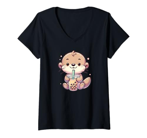 Damen Ottern Trinken Bubble Tea Kawaii Boba Otter T-Shirt mit V-Ausschnitt von Trendgetränk Bubble Tea mit süßen Tiere