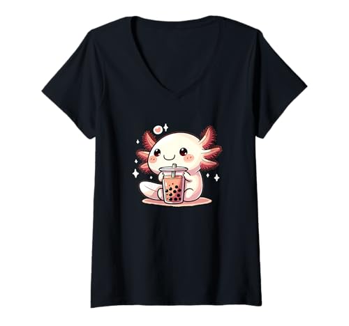 Damen Axolotls Trinken Bubble Tea Kawaii Boba Axolotl T-Shirt mit V-Ausschnitt Damen Axolotls Trinken Bubble Tea Kawaii Boba Axolotl T-Shirt mit V-Ausschnitt von Trendgetränk Bubble Tea süße Tiere