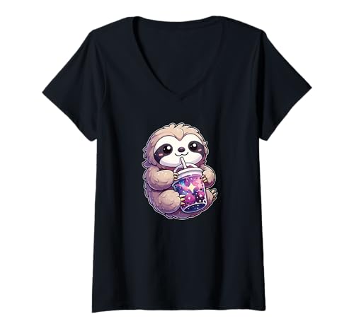 Damen Faultiere trinkt Bubble Tea Kawaii Galaxy Boba Faultier T-Shirt mit V-Ausschnitt Damen Faultiere trinkt Bubble Tea Kawaii Galaxy Boba Faultier T-Shirt mit V-Ausschnitt von Trendgetränk Bubble Tea süße Tiere