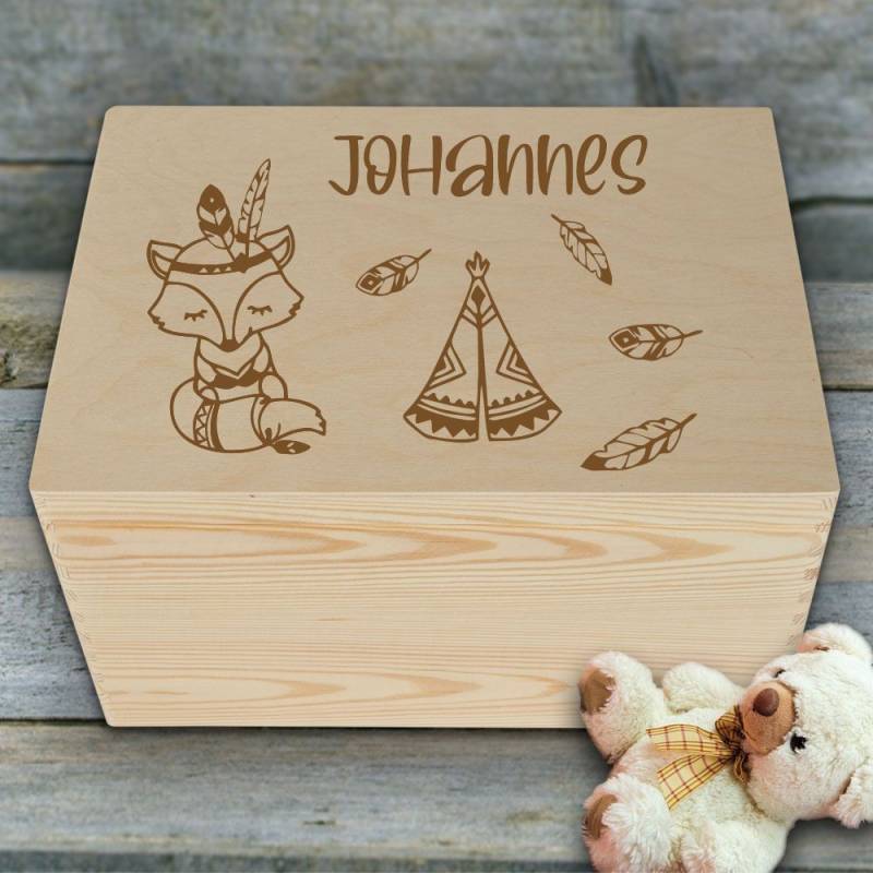 Aufbewahrungsbox Holz mit Inidaner Fuchs für Kinder von Trendgravur