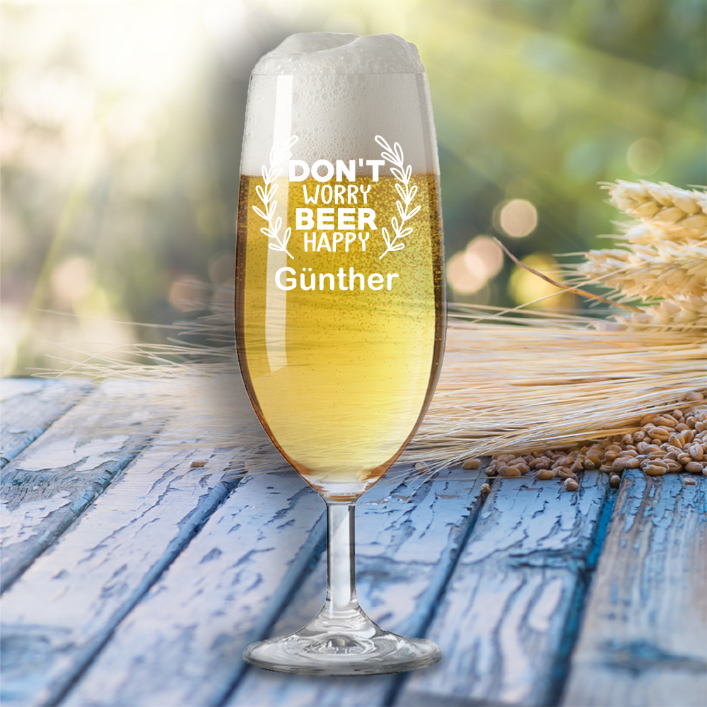 Bierglas Don´t worry beer happy mit Wunschnamen von Trendgravur
