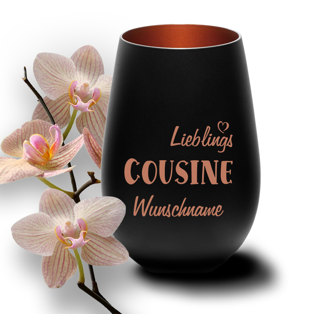 Deko-Windlicht Lieblings-Cousine mit Wunschnamen schwarz-bronze von Trendgravur