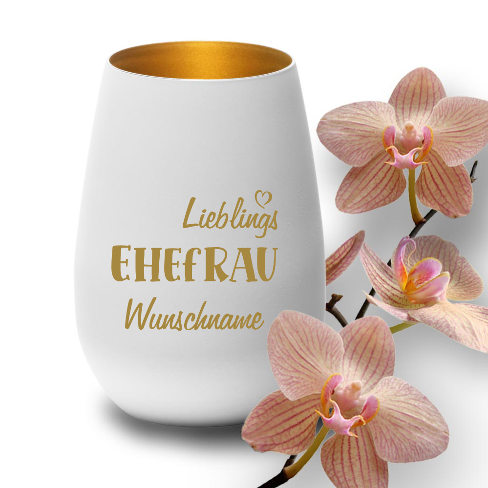 Deko-Windlicht Lieblings-Ehefrau mit Wunschnamen in weiss-gold von Trendgravur