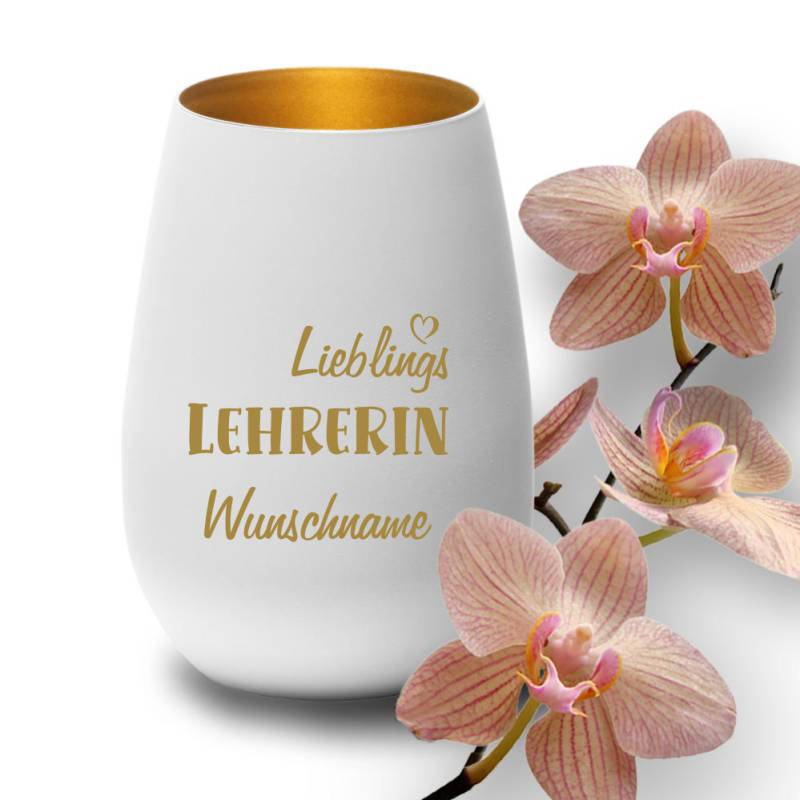 Deko-Windlicht Lieblings-Lehrerin mit Wunschnamen in weiss-gold von Trendgravur