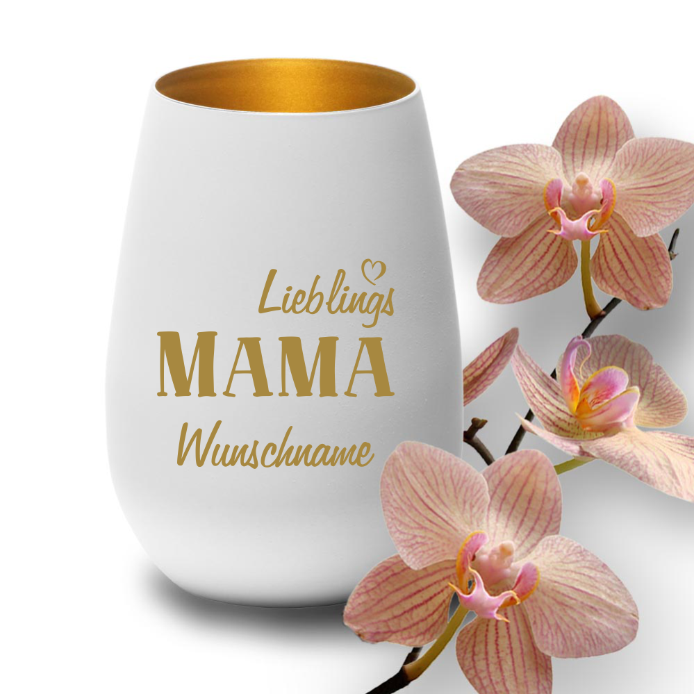 Deko-Windlicht Lieblings-Mama mit Wunschnamen in weiss-gold von Trendgravur