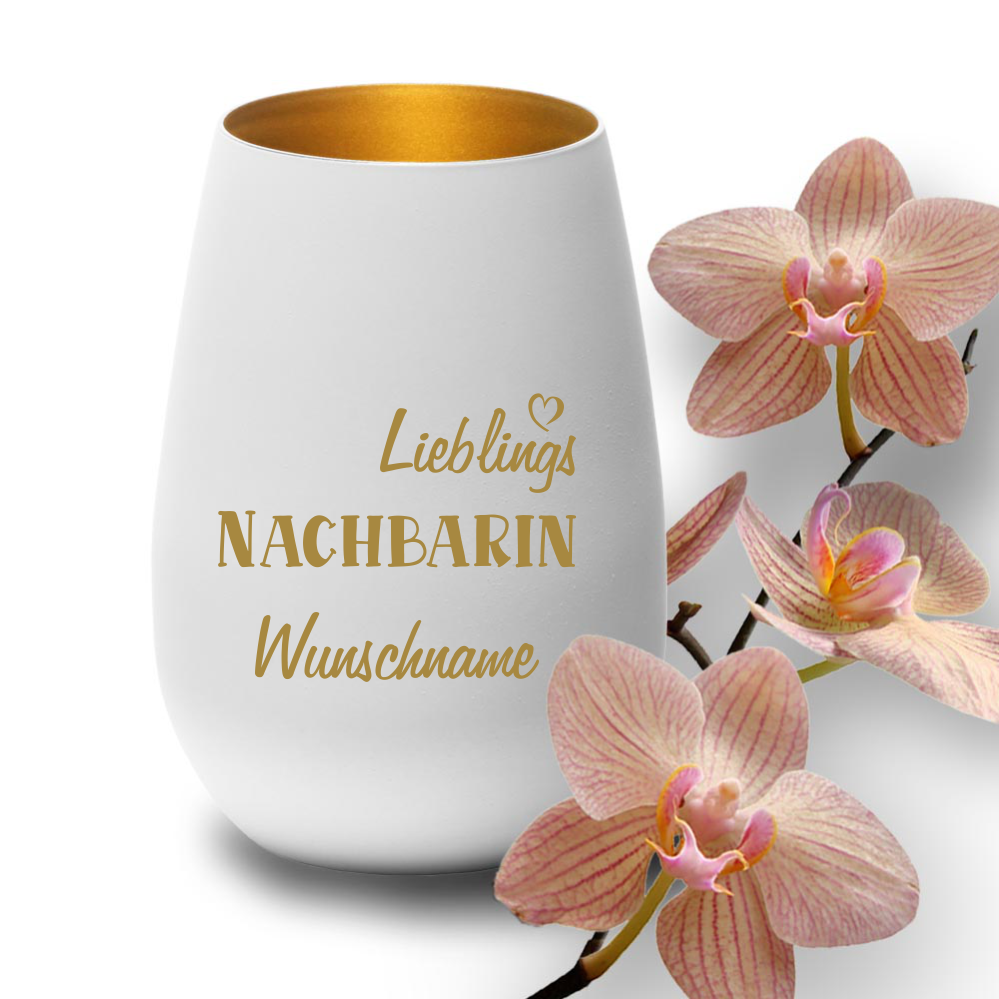 Deko-Windlicht Lieblings-Nachbarin mit Wunschnamen in weiss-gold von Trendgravur