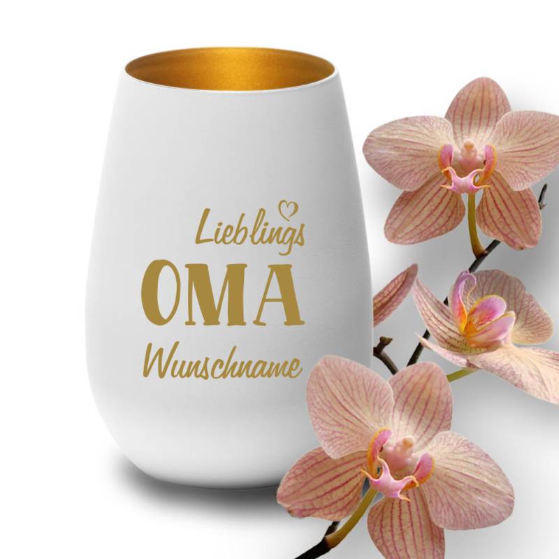Deko-Windlicht Lieblings-Oma mit Wunschnamen in weiss-gold von Trendgravur