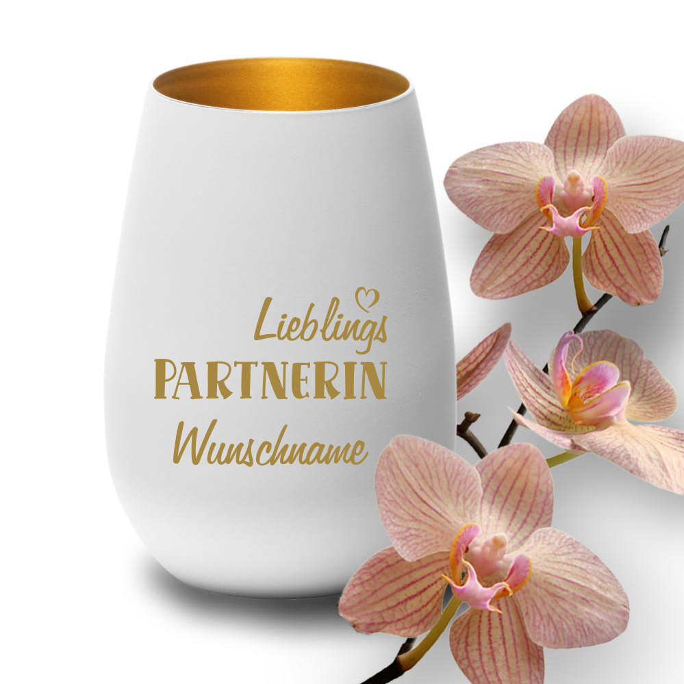 Deko-Windlicht Lieblings-Partnerin mit Wunschnamen in weiss-gold von Trendgravur