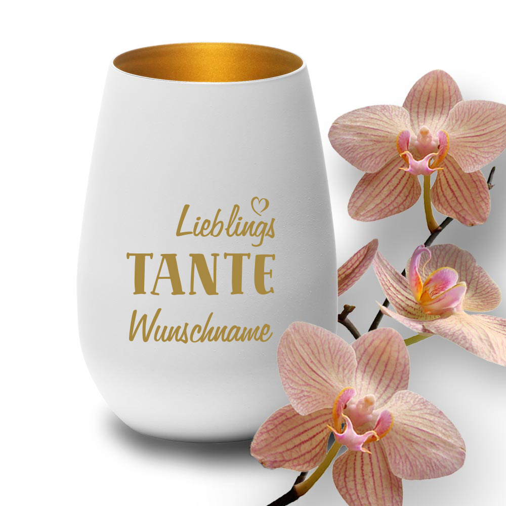 Deko-Windlicht Lieblings-Tante mit Wunschnamen in weiss-gold von Trendgravur