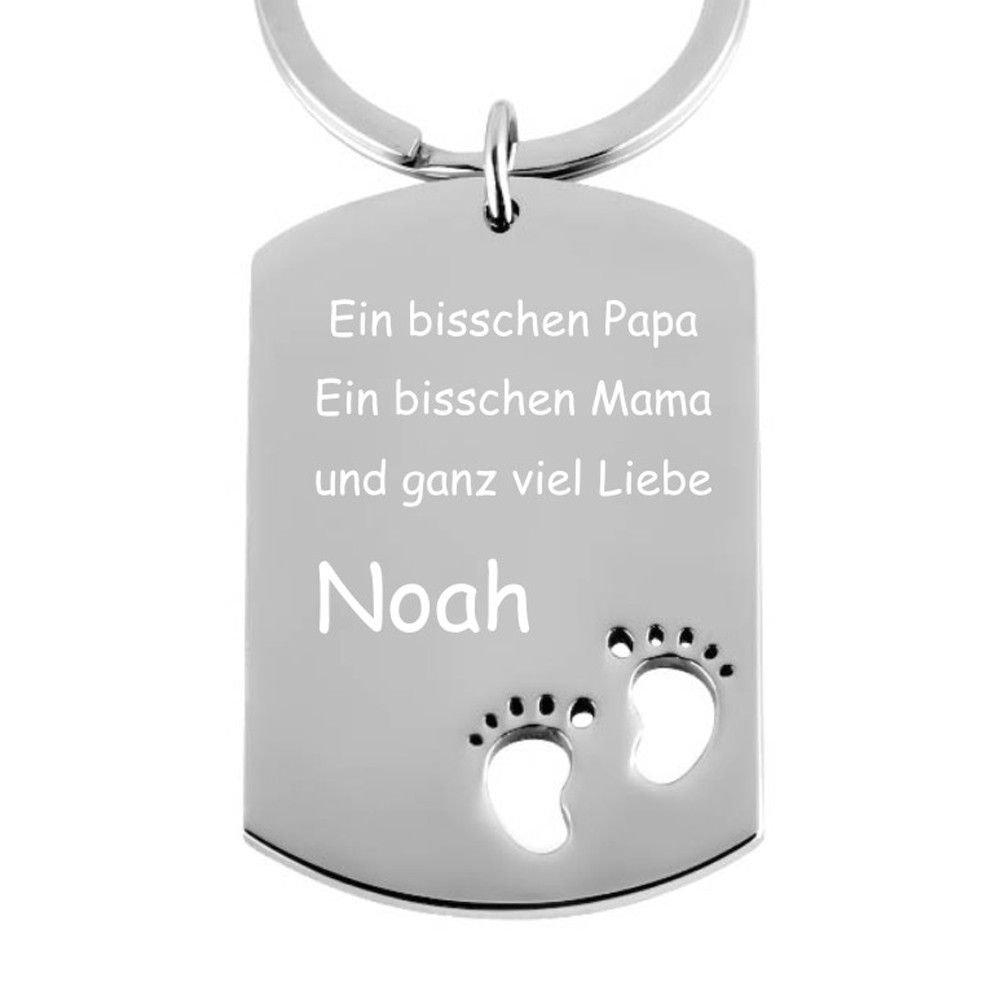 Edelstahl-Schlüsselanhänger mit Gravur Dog-Tag Babyfüße von Trendgravur