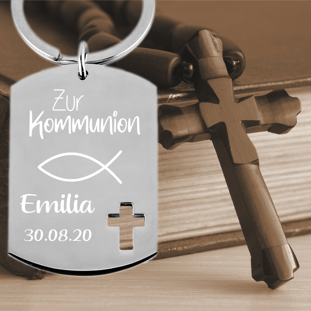 Edelstahl Schlüsselanhänger mit Gravur Dog-Tag zur Erstkommunion... von Trendgravur
