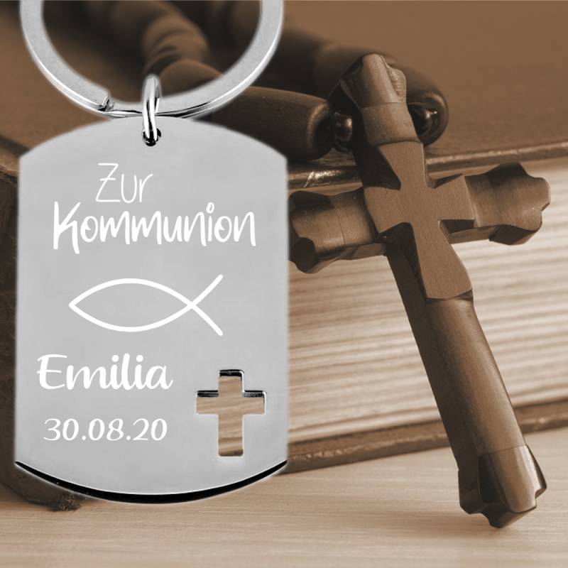 Edelstahl Schlüsselanhänger mit Gravur Dog-Tag zur Erstkommunion... von Trendgravur